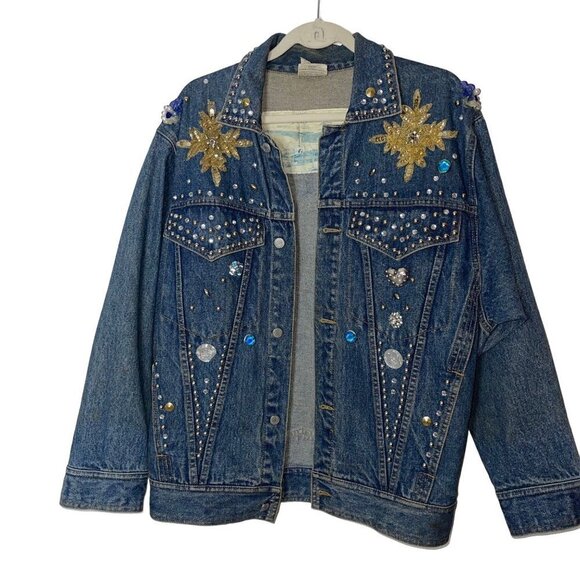 Vintage Freego Womens Denim Jacket Blue Size Medium Embellished Button Cotton - Picture 16 of 16
